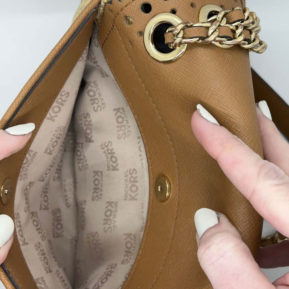 Michael Kors Vivian Tan Leather & Rattan Crossbody Purse - Picture 9 of 15
